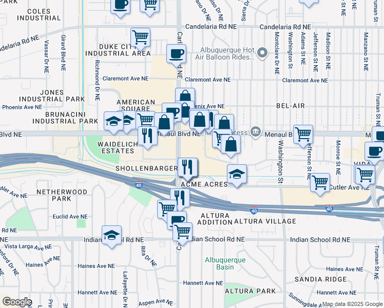 map of restaurants, bars, coffee shops, grocery stores, and more near 2500 Carlisle Boulevard Northeast in Albuquerque