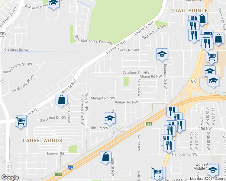 map of restaurants, bars, coffee shops, grocery stores, and more near 6805 Cayman Court Northwest in Albuquerque