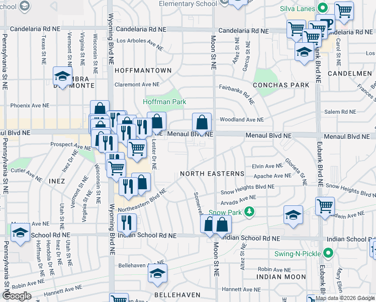 map of restaurants, bars, coffee shops, grocery stores, and more near Ambassador Road Northeast in Albuquerque