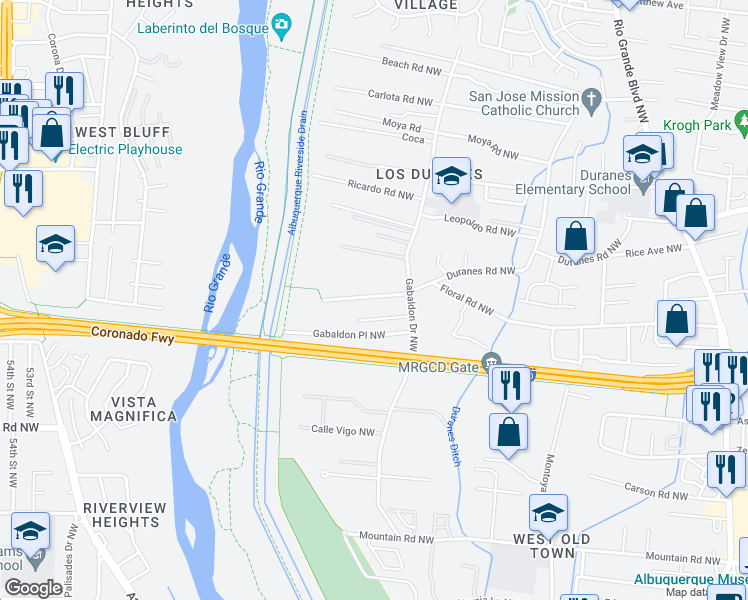 map of restaurants, bars, coffee shops, grocery stores, and more near 3220 Duranes Road Northwest in Albuquerque