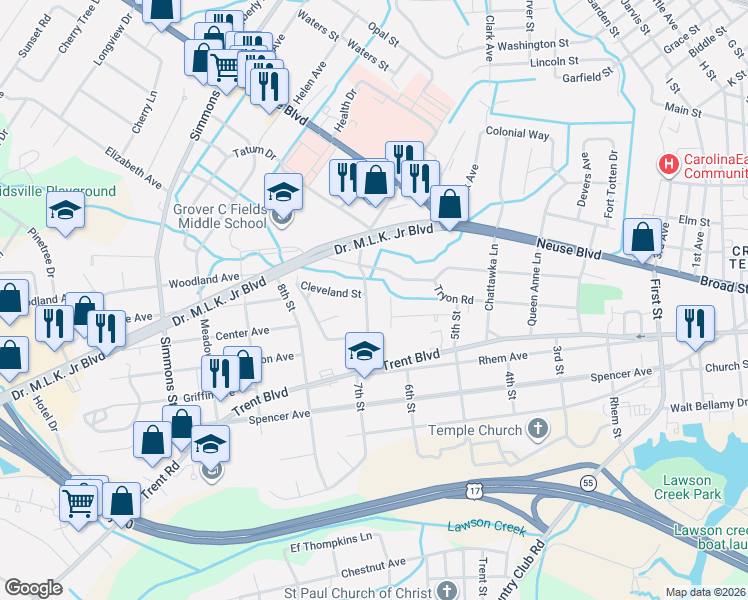 map of restaurants, bars, coffee shops, grocery stores, and more near 513 Colonial Place in New Bern