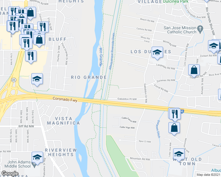 map of restaurants, bars, coffee shops, grocery stores, and more near 3401 Duranes Road Northwest in Albuquerque