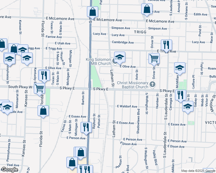 map of restaurants, bars, coffee shops, grocery stores, and more near 294 South Parkway East in Memphis