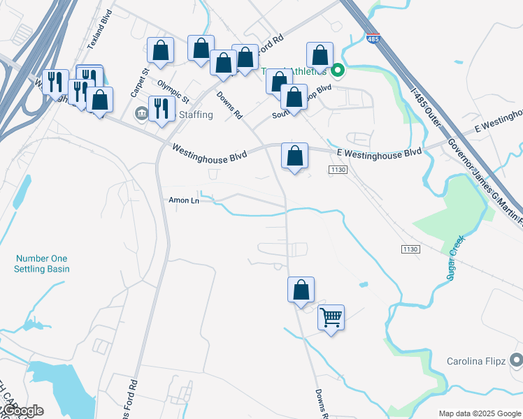 map of restaurants, bars, coffee shops, grocery stores, and more near 422 Amon Lane in Pineville