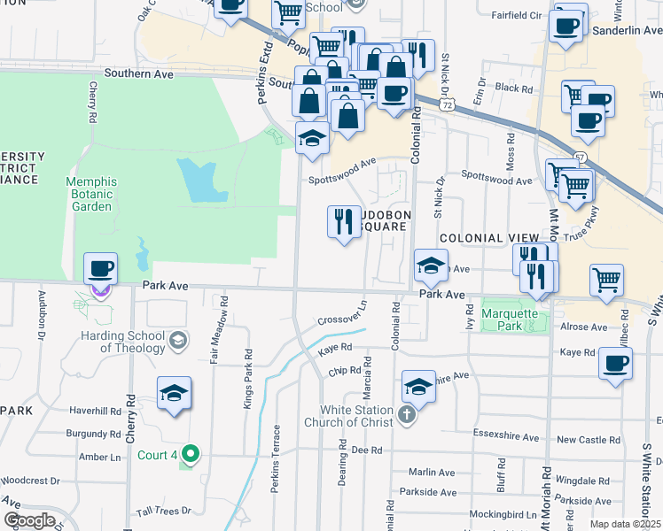 map of restaurants, bars, coffee shops, grocery stores, and more near 825 Crossover Lane in Memphis