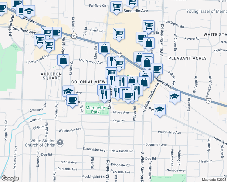 map of restaurants, bars, coffee shops, grocery stores, and more near 868 Mount Moriah Road in Memphis