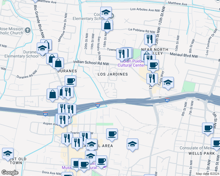 map of restaurants, bars, coffee shops, grocery stores, and more near I-40 Frwy Northwest in Albuquerque