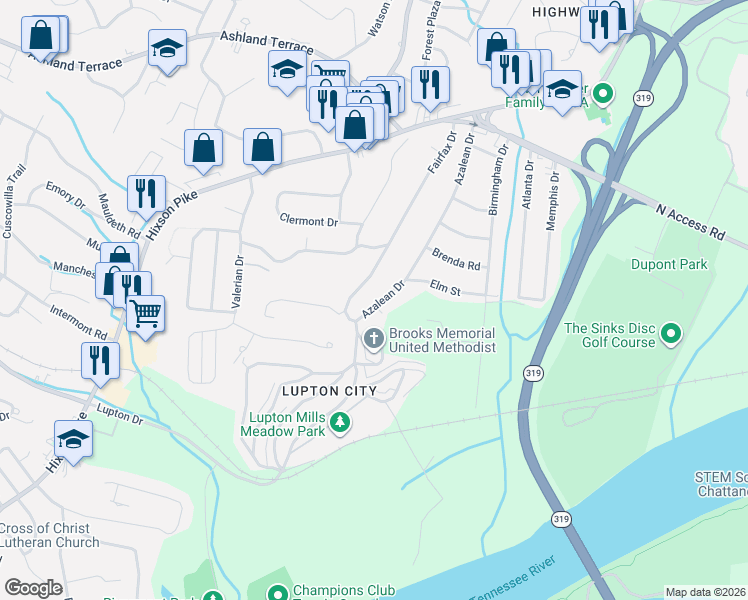 map of restaurants, bars, coffee shops, grocery stores, and more near 3813 Azalean Drive in Chattanooga