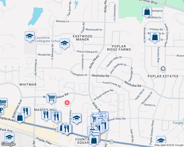 map of restaurants, bars, coffee shops, grocery stores, and more near 6617 Cottingham Place in Memphis