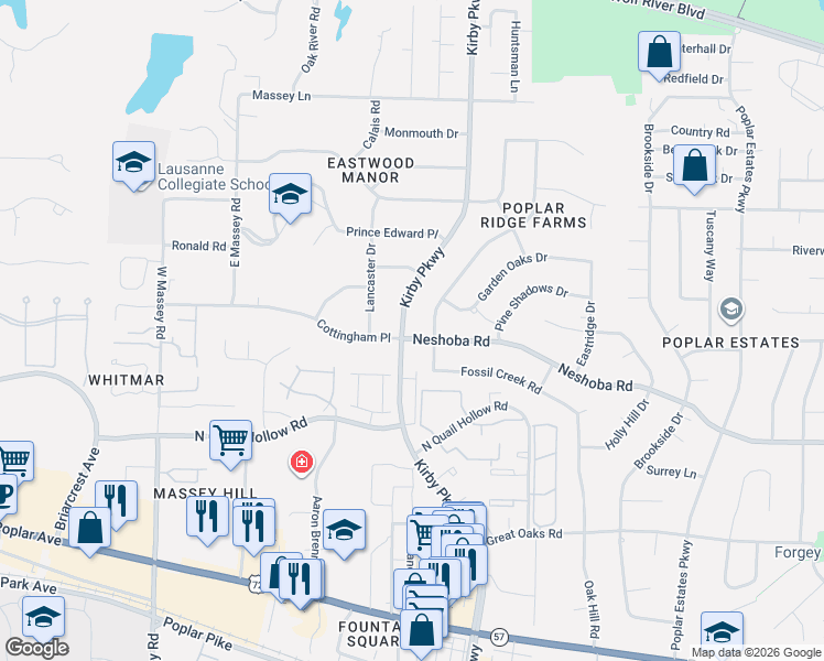 map of restaurants, bars, coffee shops, grocery stores, and more near 6617 Cottingham Place in Memphis