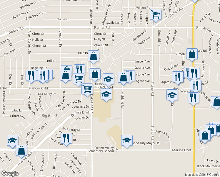 map of restaurants, bars, coffee shops, grocery stores, and more near 1062 Hancock Road in Bullhead City