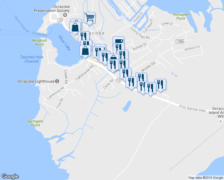 map of restaurants, bars, coffee shops, grocery stores, and more near 69 Beach Road in Ocracoke