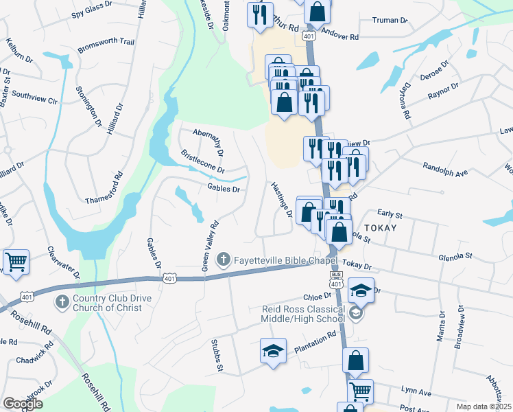 map of restaurants, bars, coffee shops, grocery stores, and more near 3561 Hastings Drive in Fayetteville