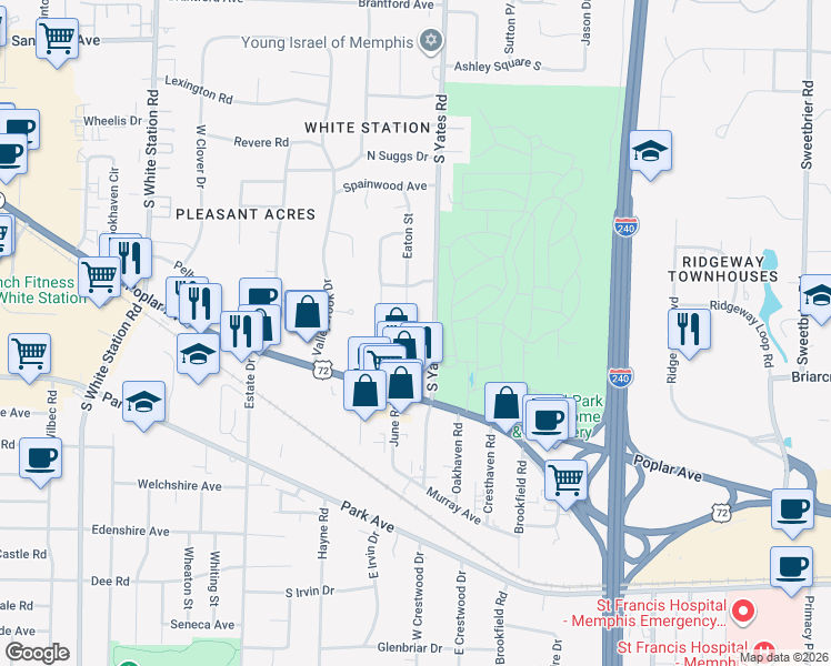 map of restaurants, bars, coffee shops, grocery stores, and more near 5498 Poplar Avenue in Memphis