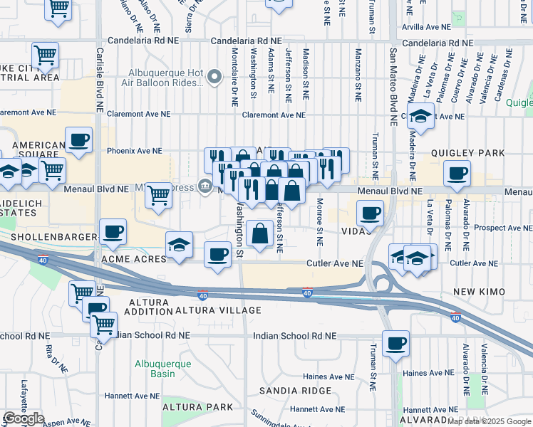 map of restaurants, bars, coffee shops, grocery stores, and more near 4451-4641 Prospect Avenue Northeast in Albuquerque