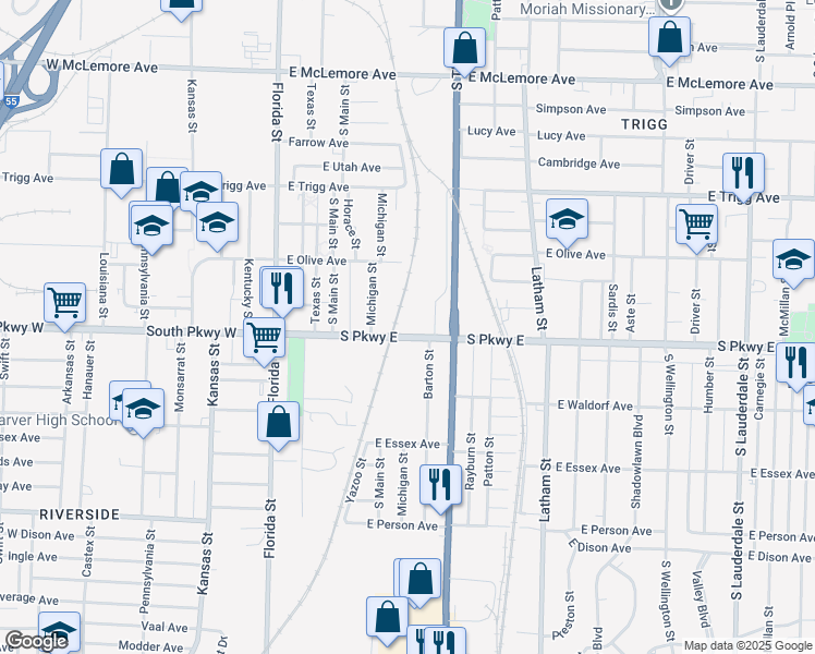 map of restaurants, bars, coffee shops, grocery stores, and more near 173 South Parkway East in Memphis