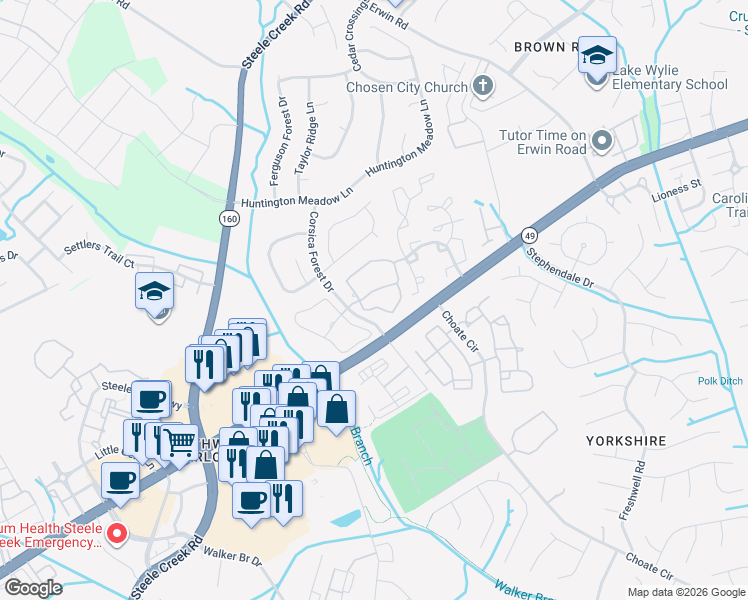 map of restaurants, bars, coffee shops, grocery stores, and more near 12427 Toscana Way in Charlotte