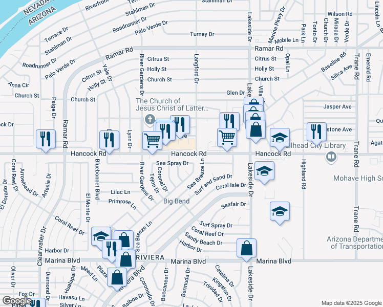 map of restaurants, bars, coffee shops, grocery stores, and more near 889 Hancock Road in Bullhead City
