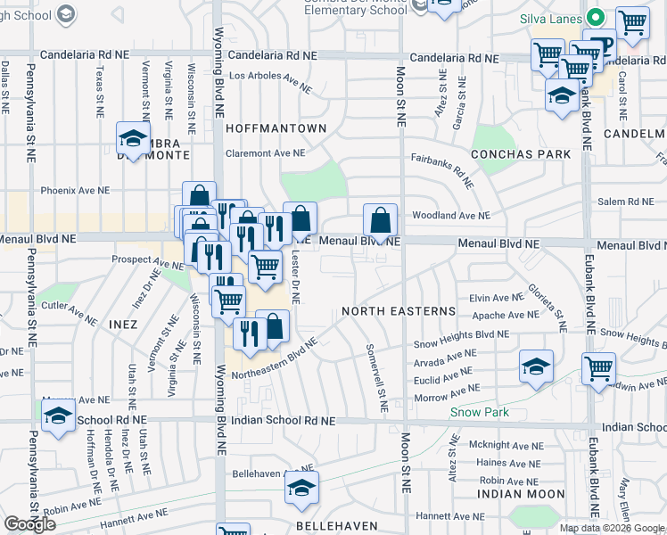 map of restaurants, bars, coffee shops, grocery stores, and more near 2215 Ambassador Road Northeast in Albuquerque
