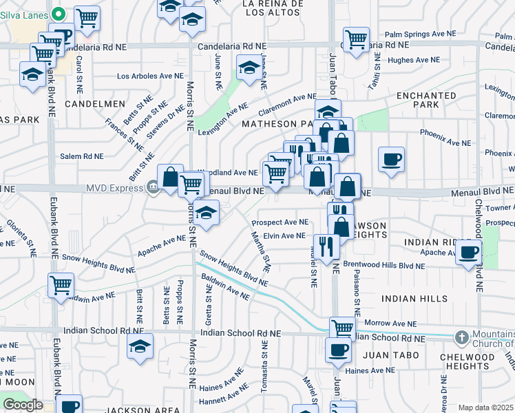 map of restaurants, bars, coffee shops, grocery stores, and more near 2206 Martha Street Northeast in Albuquerque