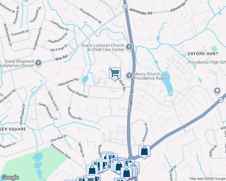 map of restaurants, bars, coffee shops, grocery stores, and more near 7336 Winnington Circle in Charlotte