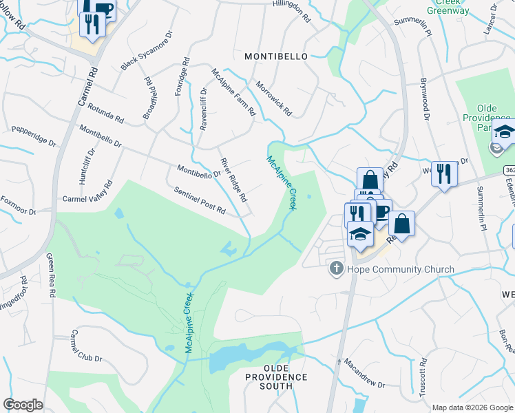 map of restaurants, bars, coffee shops, grocery stores, and more near 4019 River Ridge Road in Charlotte