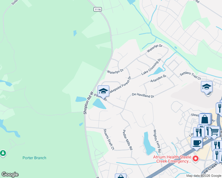 map of restaurants, bars, coffee shops, grocery stores, and more near 15701 Lakepoint Forest Drive in Charlotte