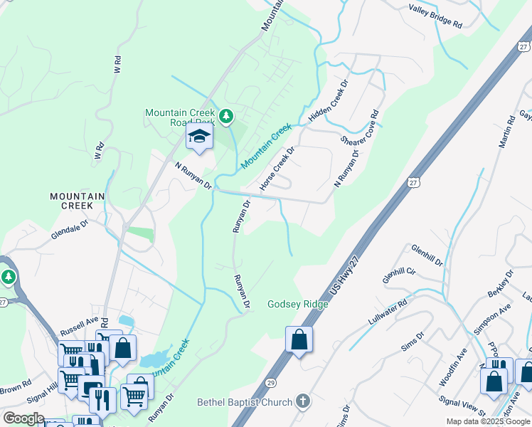 map of restaurants, bars, coffee shops, grocery stores, and more near 941 Gorge View Lane in Chattanooga