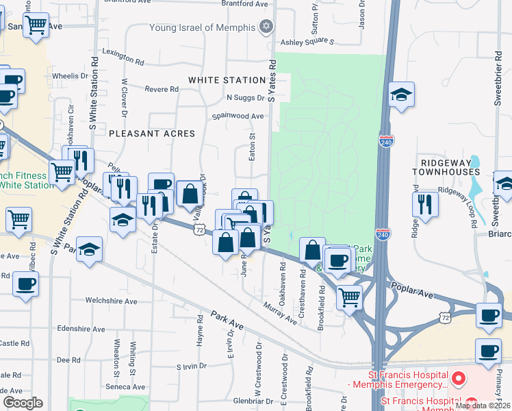 map of restaurants, bars, coffee shops, grocery stores, and more near 5498 Poplar Avenue in Memphis
