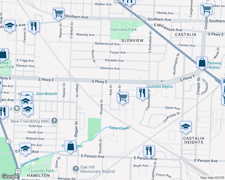 map of restaurants, bars, coffee shops, grocery stores, and more near 1412 Kyle Street in Memphis