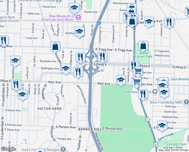 map of restaurants, bars, coffee shops, grocery stores, and more near 1434 Azalia Street in Memphis