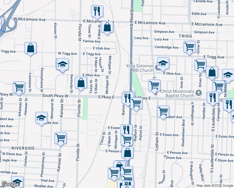 map of restaurants, bars, coffee shops, grocery stores, and more near 173 South Parkway East in Memphis