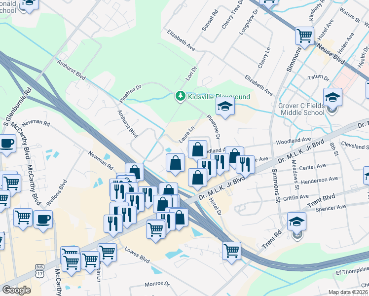 map of restaurants, bars, coffee shops, grocery stores, and more near 2590 Woodland Avenue in New Bern