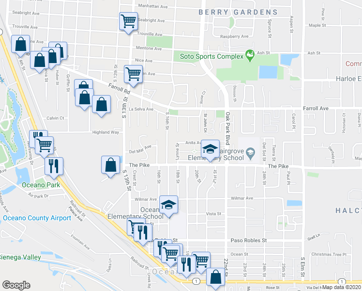 map of restaurants, bars, coffee shops, grocery stores, and more near 110 Anita Avenue in Grover Beach