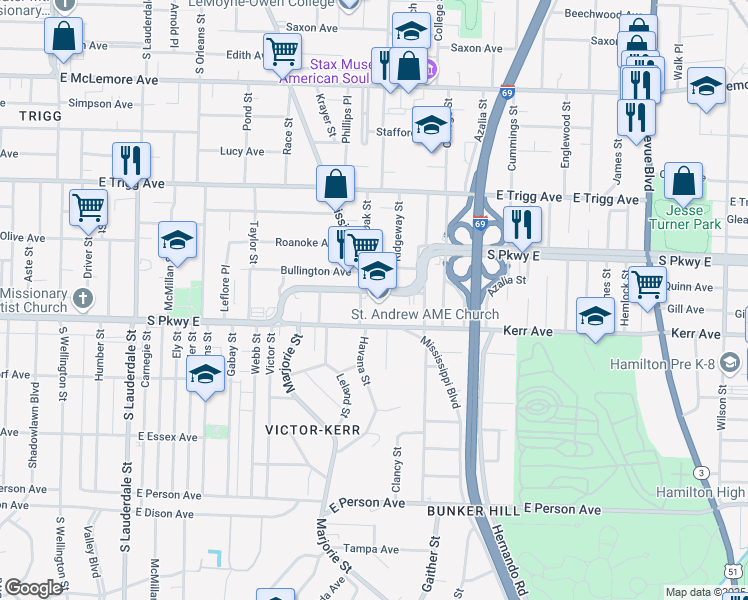 map of restaurants, bars, coffee shops, grocery stores, and more near 867 South Parkway East in Memphis
