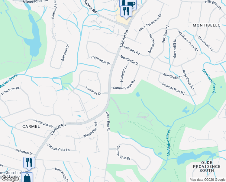 map of restaurants, bars, coffee shops, grocery stores, and more near 4713 Carmel Road in Charlotte