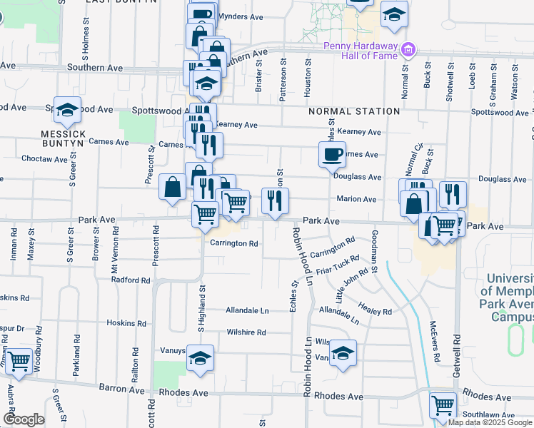 map of restaurants, bars, coffee shops, grocery stores, and more near 3635 Park Avenue in Memphis