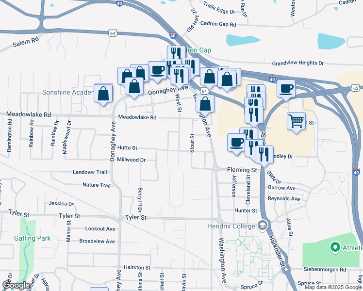 map of restaurants, bars, coffee shops, grocery stores, and more near 1805 Hutto Street in Conway