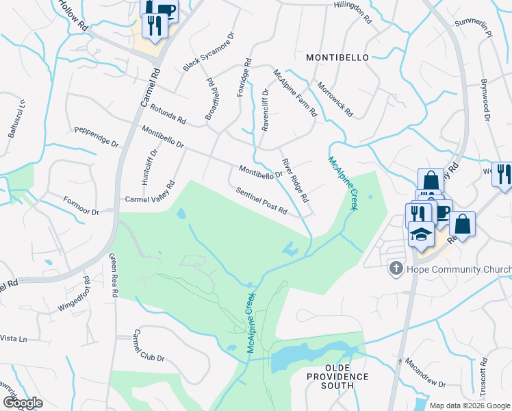 map of restaurants, bars, coffee shops, grocery stores, and more near 4842 Sentinel Post Road in Charlotte