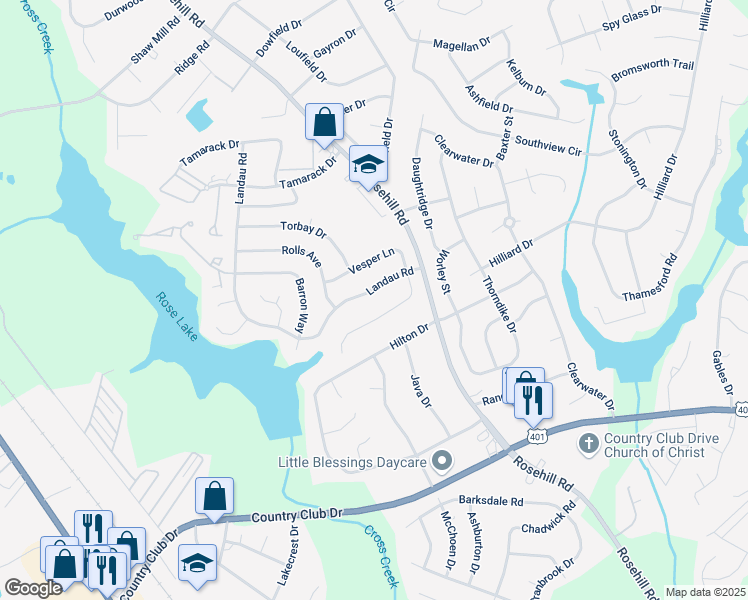 map of restaurants, bars, coffee shops, grocery stores, and more near 1128 Vesper Lane in Fayetteville