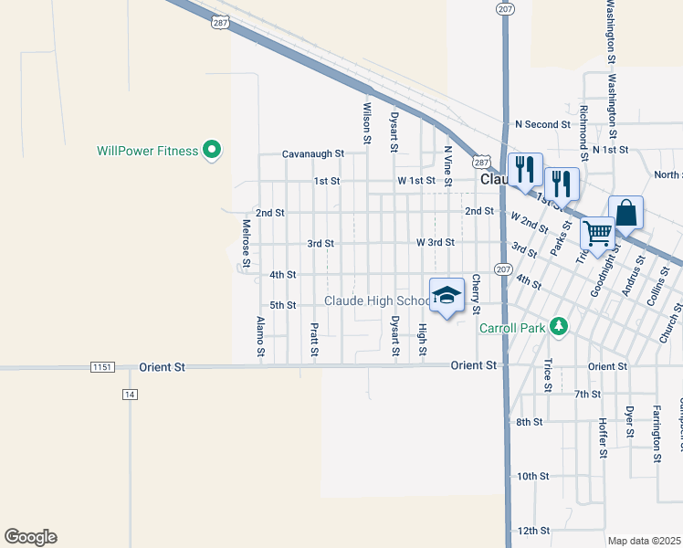 map of restaurants, bars, coffee shops, grocery stores, and more near Western Street in Claude