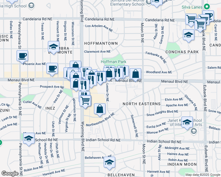 map of restaurants, bars, coffee shops, grocery stores, and more near 2216 Lester Drive Northeast in Albuquerque