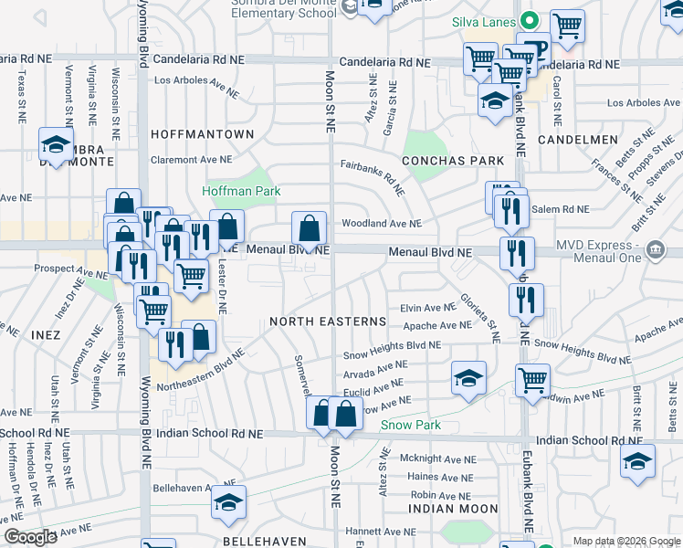 map of restaurants, bars, coffee shops, grocery stores, and more near 2058 Moon Street Northeast in Albuquerque