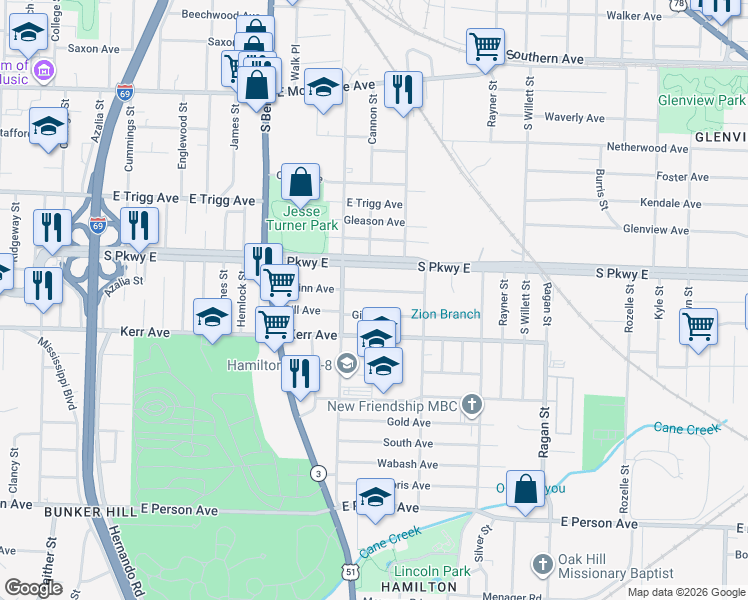 map of restaurants, bars, coffee shops, grocery stores, and more near 1379 Gill Avenue in Memphis