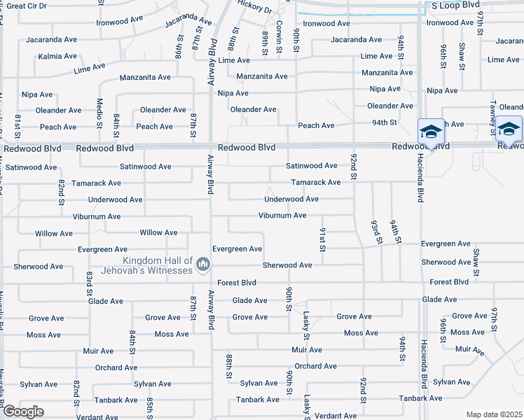 map of restaurants, bars, coffee shops, grocery stores, and more near Viburnum Avenue in California City