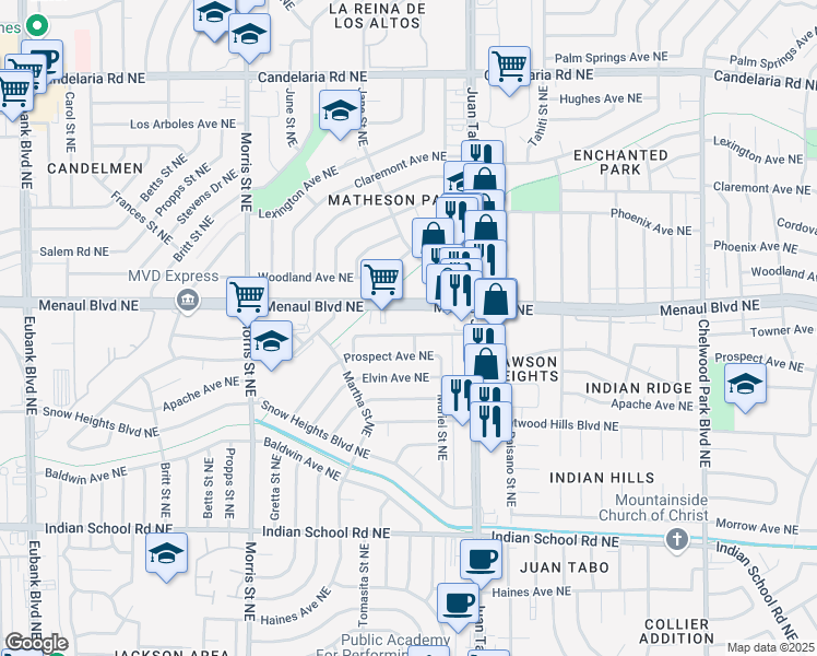 map of restaurants, bars, coffee shops, grocery stores, and more near 11008 Towner Avenue Northeast in Albuquerque
