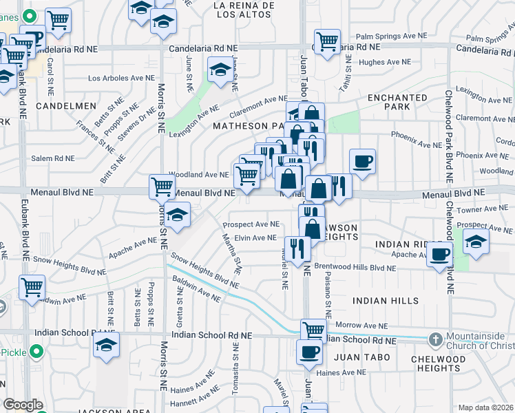 map of restaurants, bars, coffee shops, grocery stores, and more near 11008 Towner Avenue Northeast in Albuquerque