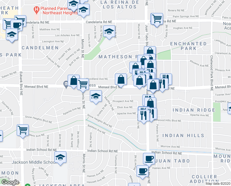 map of restaurants, bars, coffee shops, grocery stores, and more near 10812 Towner Avenue Northeast in Albuquerque