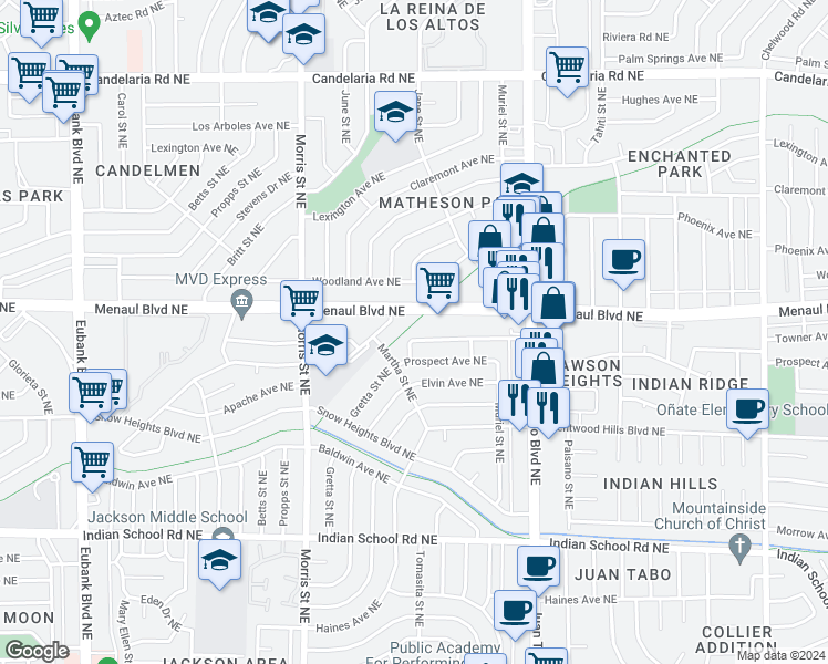 map of restaurants, bars, coffee shops, grocery stores, and more near 10812 Towner Avenue Northeast in Albuquerque