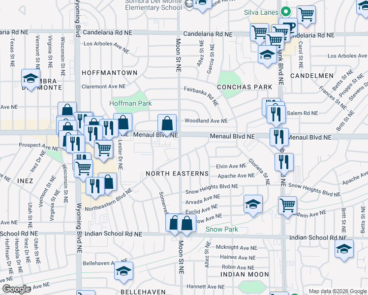 map of restaurants, bars, coffee shops, grocery stores, and more near 2058 Moon Street Northeast in Albuquerque